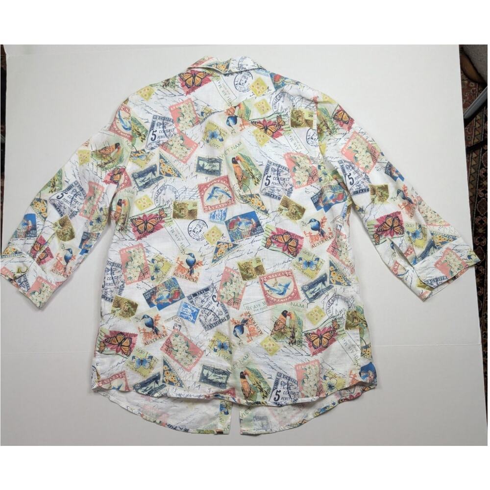 Chico's No Iron Linen Button Up Blouse Novelty Travel Stamp Print Birds Size 0 S - Picture 7 of 7